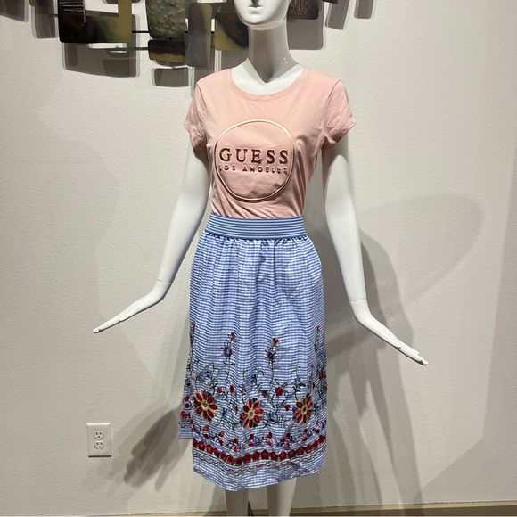 NWOT MAGIC Floral Embroidered Skirt Blue Checkered Garterized Waist Size XL - Picture 6 of 15